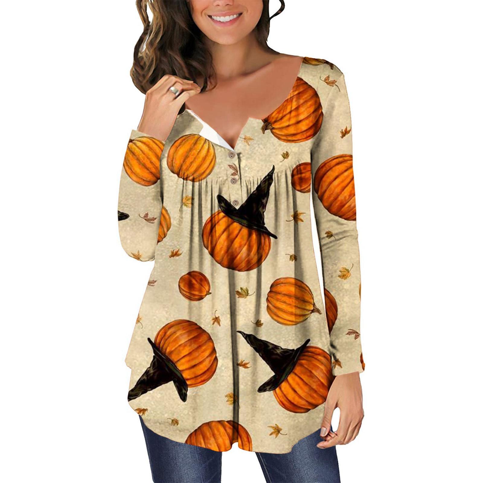 

Ladies Casual Halloween Print Round Neck Long Sleeve Single Breasted Top L бежевый
