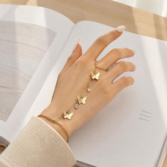 Gold Tone Jewelry for Women Golden Hand Chain Bracelet Women, Metal Butterfly Tassel with Ring Finger Ring, Harness Polished Alloy