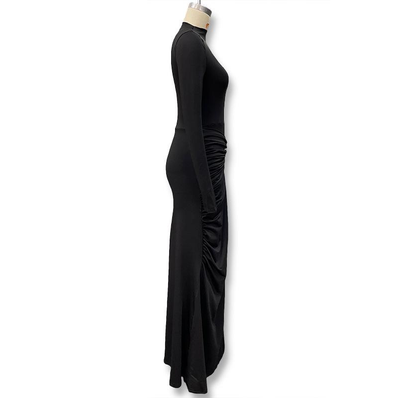 European Style Autumn Solid Color Long Sleeve Dress with Decorative Buckle