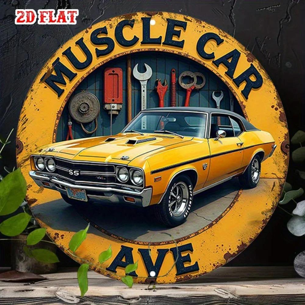 Vintage Metal Tin Sign Classic Vehicle Round Aluminum Wall Art Retro Muscle Decor