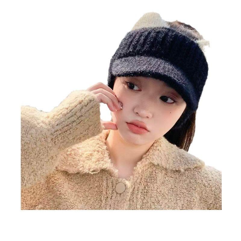 Hat Women's New Autumn and Winter Thickened Ear Protection Cold Proof Knitted Woolen Hat Warm Empty Top Plush Duck Cap