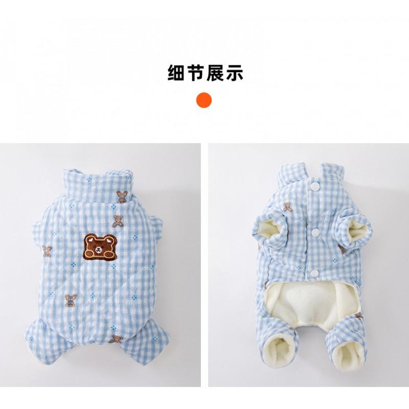 Warm Winter Cat Jumpsuit With Bear Print Checkered Fleece-Lined Cotton Blend Small To Large Cats