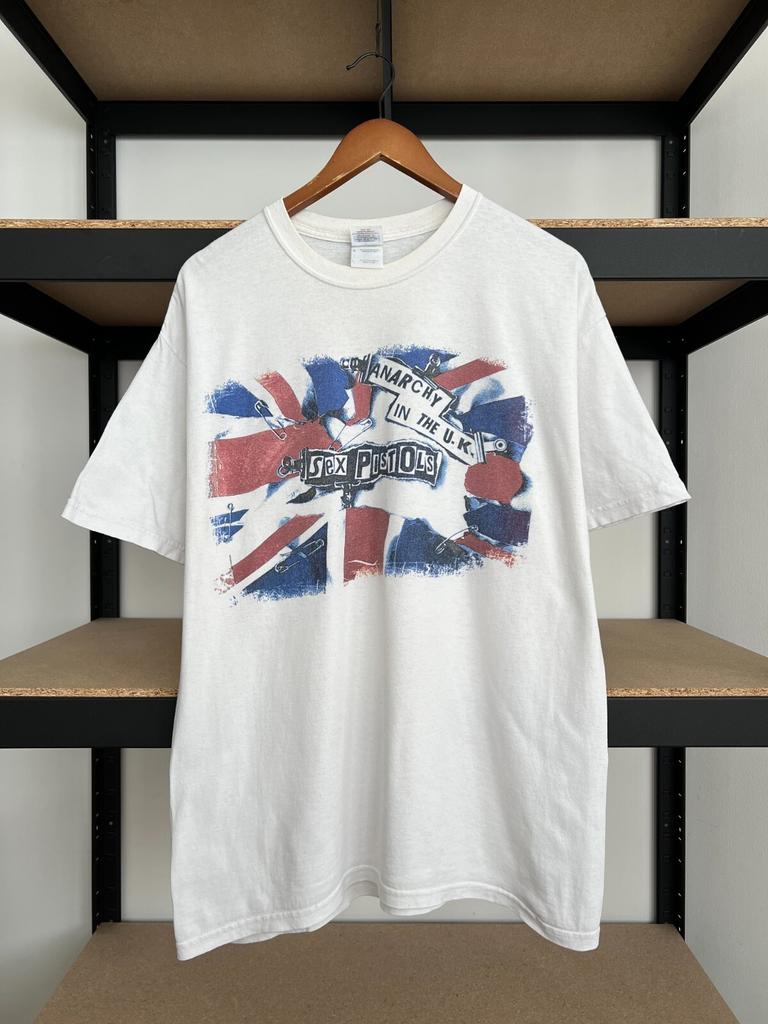 Women's Cotton Crew Neck Vintage 2010 Sex Pistols Anarchy in The UK White T-shirt Sz L
