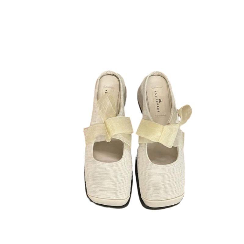 2025 Spring and Summer New Bag Head Cool Slippers Women's Outer Wear Square Head Korean Version Thick Heel Bow Versatile Lazy Half Slippers