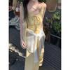Yellow Floral Lace-Up Camisole Dress for Women - French Summer Style, Cinched Waist, A-Line, Slim-Fit Skirt