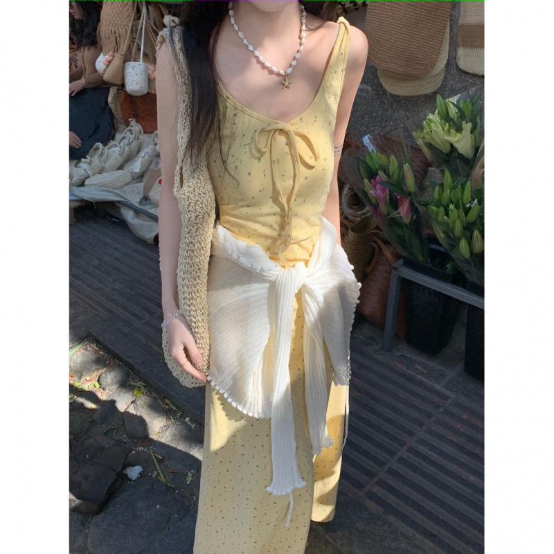 Yellow Floral Lace-Up Camisole Dress for Women - French Summer Style, Cinched Waist, A-Line, Slim-Fit Skirt