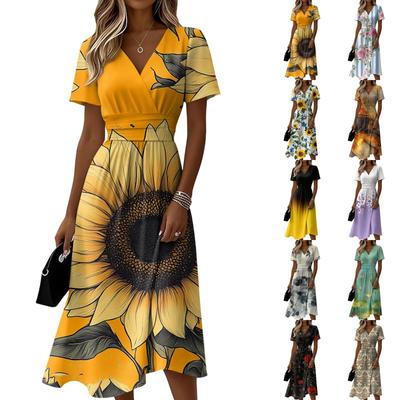 Ladies' Floral Casual Fashionable Short Sleeved V-neck Dress