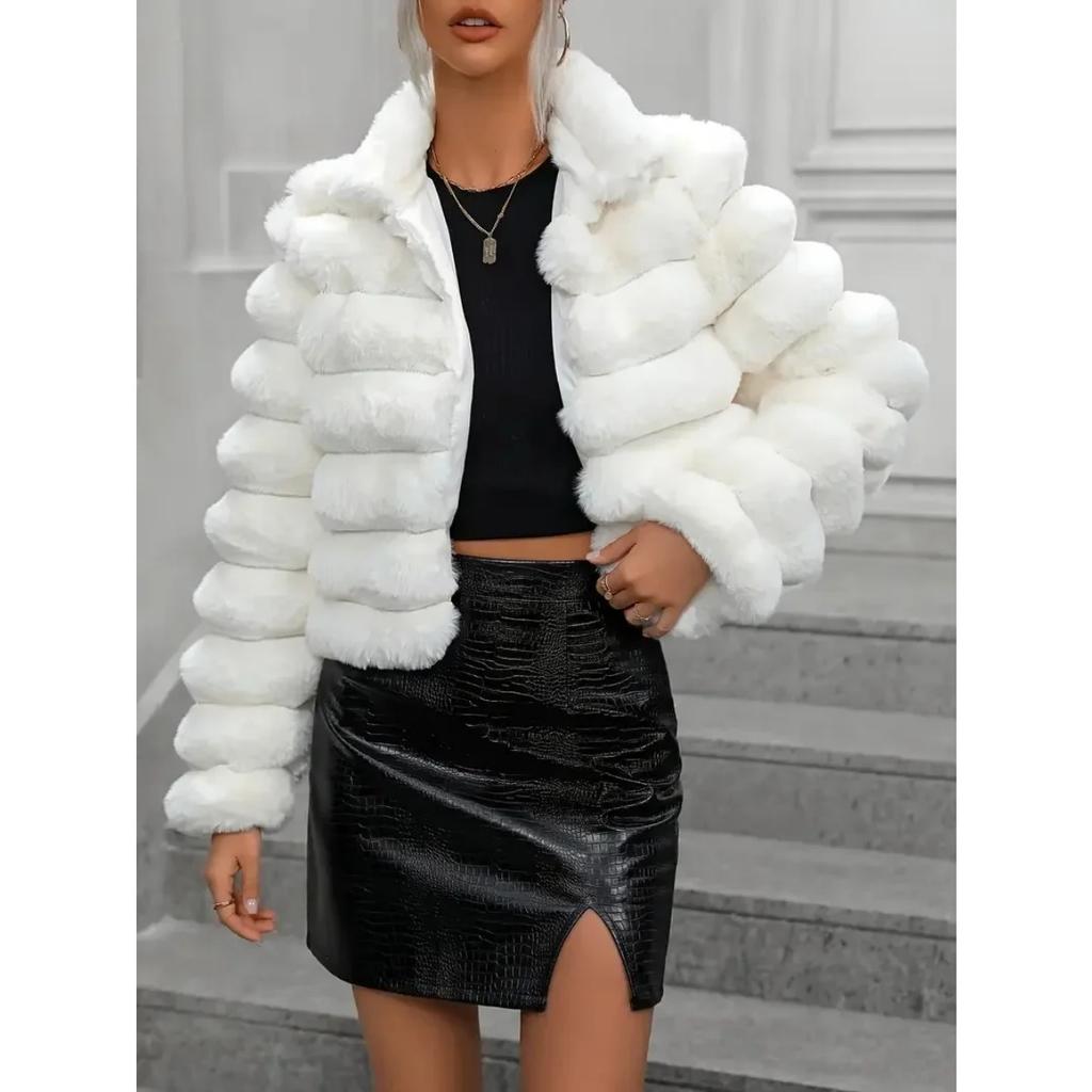 VAYLA Faux Fur Women Coats Stand Collar Full Sleeve Short Coat Thick Warm Solid Temperament Elegant Splice Autumn Winter