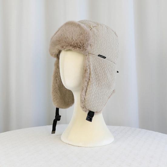 Lei Feng Hat Plaid Print Velvet Lining Buckle Closure Ear Protection Hat Windproof Cold Weather Outdoor Hat
