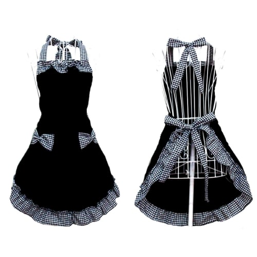 (Four Seasons) Frill Ribbon Apron with Holder Neck (Black x Black, One Size Fits All)