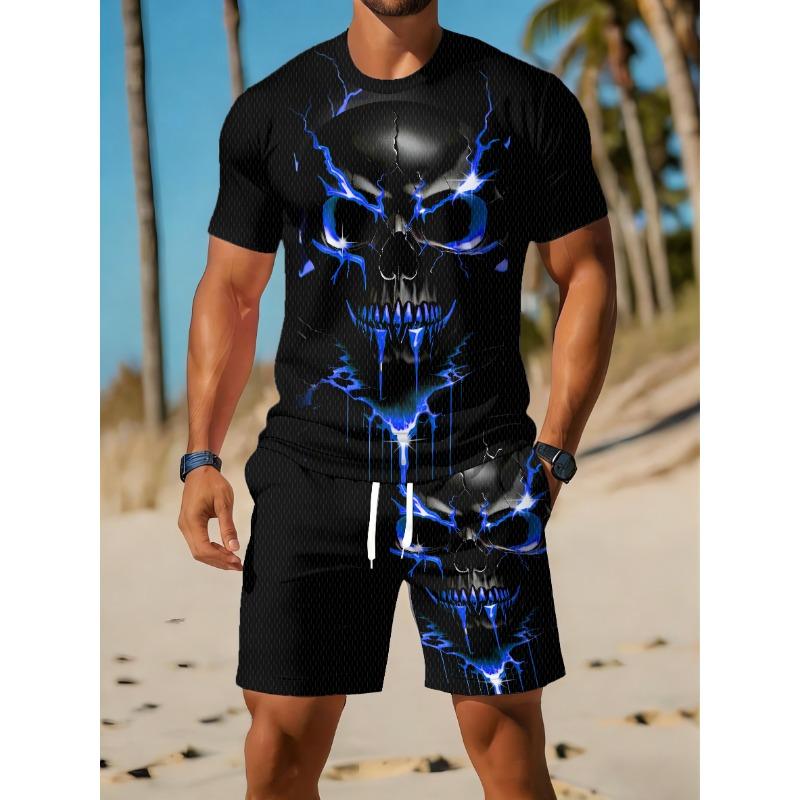 Casual Athletic Set Breathable Outdoor Leisure Men'S Round Neck T-Shirt And Shorts Set Summer Digital Print Print Outfit Men Adult