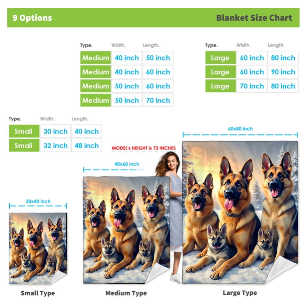 German Shepherd Dog Family Fleece Blanket Winter Snow Scene Soft Cozy Throw Pet Lover Gift Home Decor for Dog Owners100x130