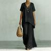 Women's Loose Fit Two-Piece Tracksuit Short Sleeve V Neck Top High Waist Wide Leg Pants