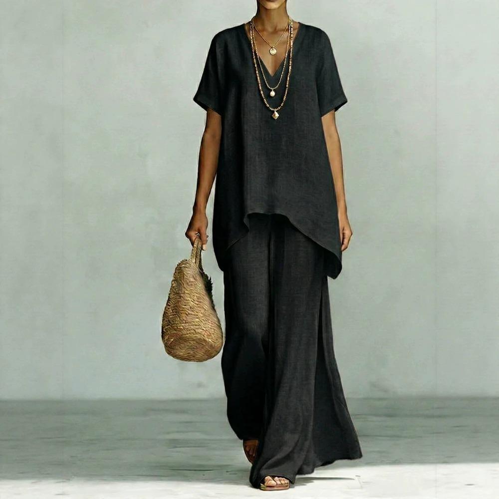 Women's Loose Fit Two-Piece Tracksuit Short Sleeve V Neck Top High Waist Wide Leg Pants