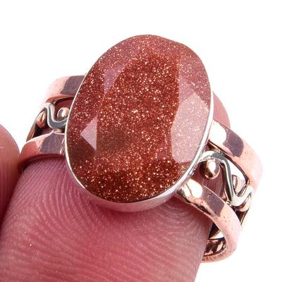 Natürlicher Sonnenstein Edelstein Handgefertigt 925 Sterling Silber Zweifarbig Ring Größe 8 t7a63