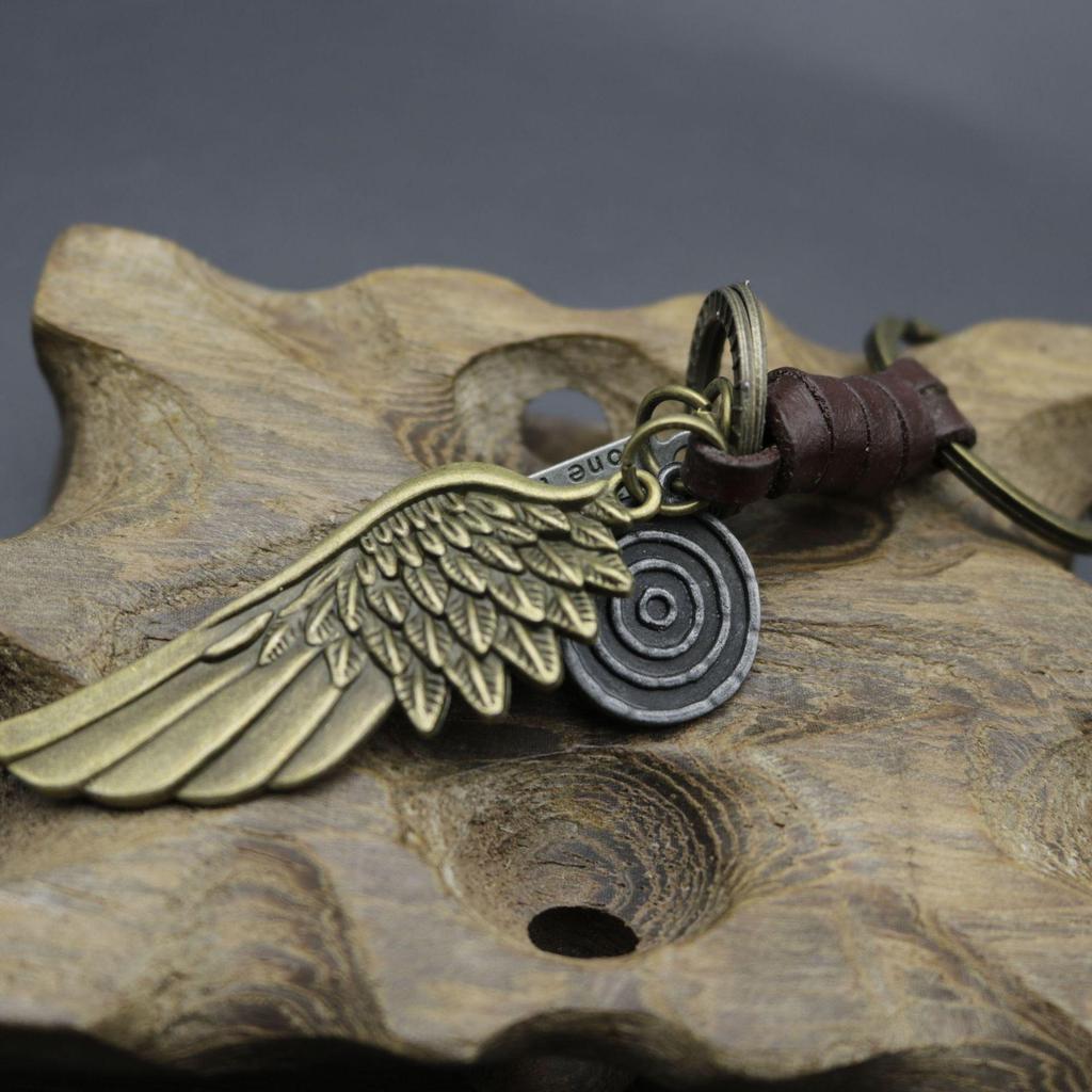 Men's Antique Bronze Wing Keychain with Woven Leather Pendant