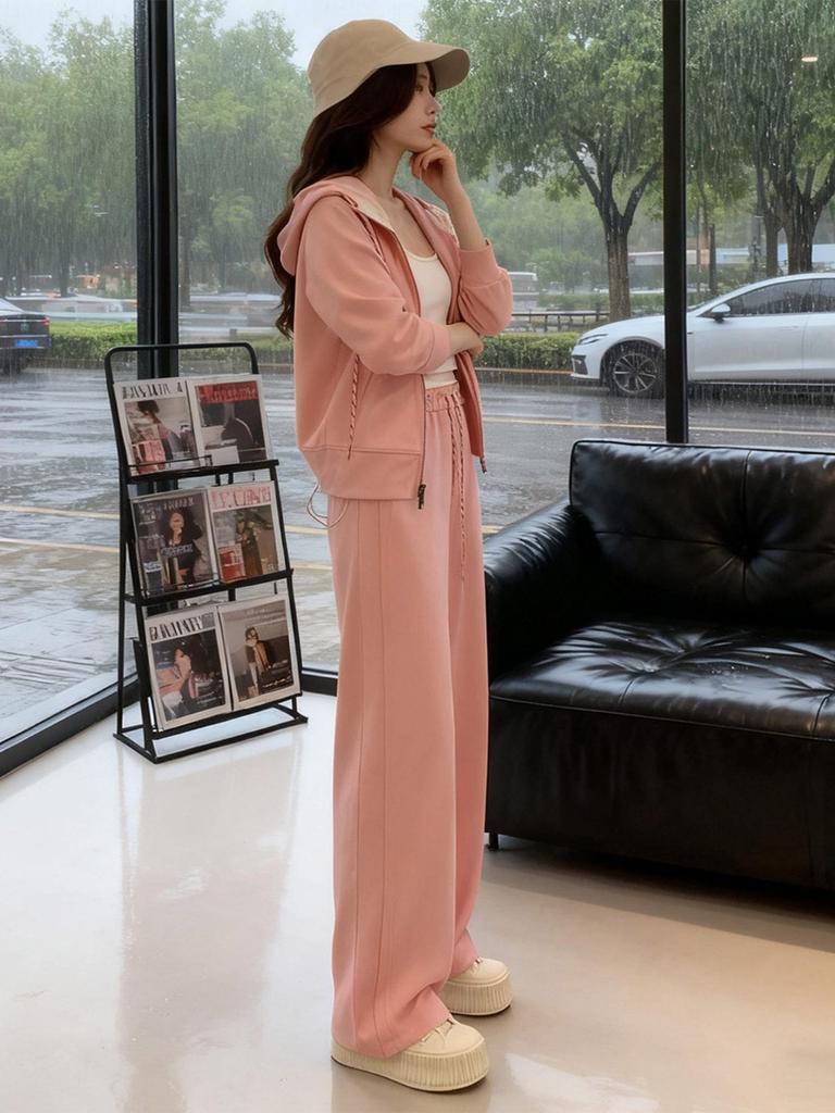 Women's High-End Casual Hooded Cardigan and Wide-Leg Pants Set for Spring/Autumn 2026