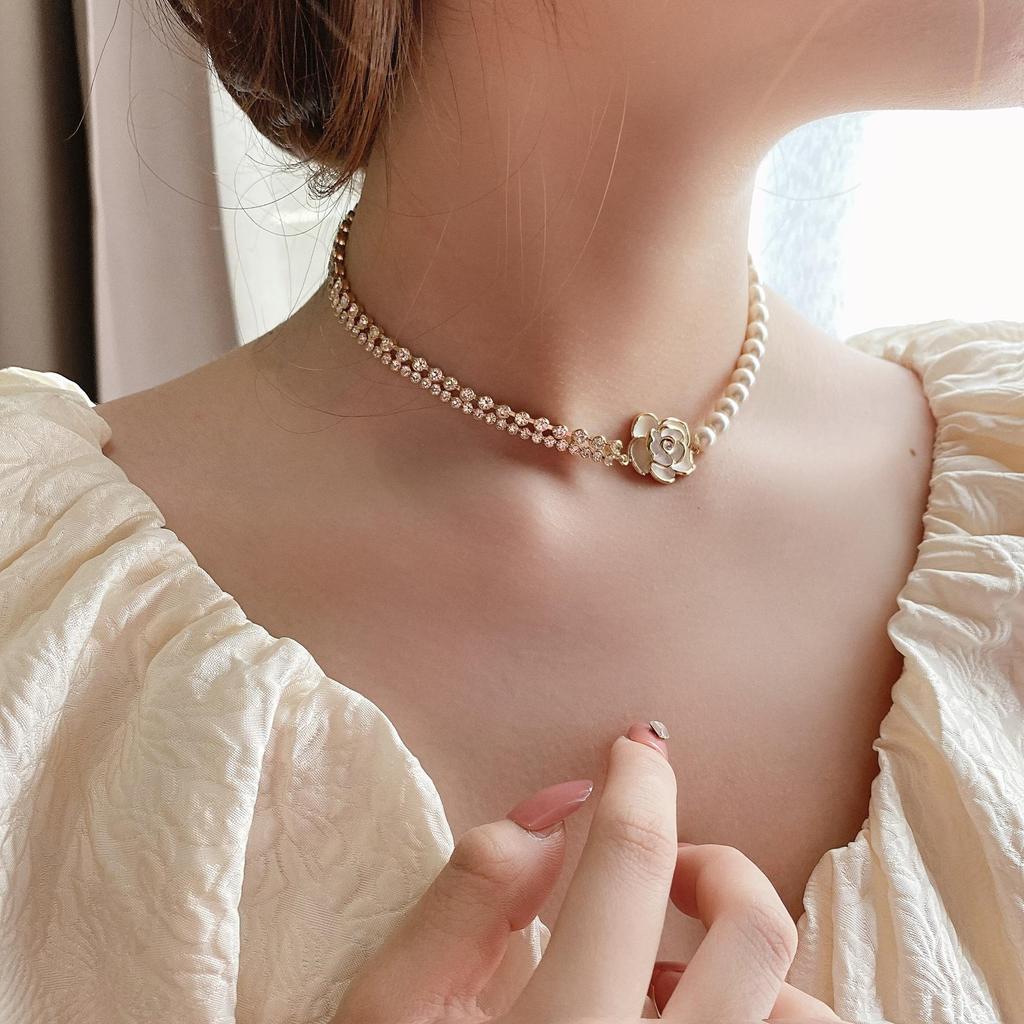 Retro Court Style Double Layer Pearl & Diamond Necklace - Elegant Choker for Women