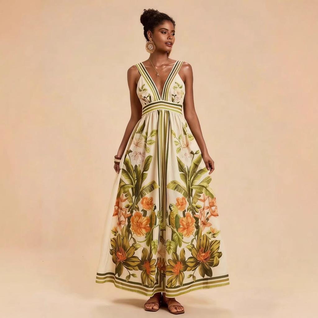 European, American and American Summer V-neck Positioning Printing Back Winning Fashion Dress D05