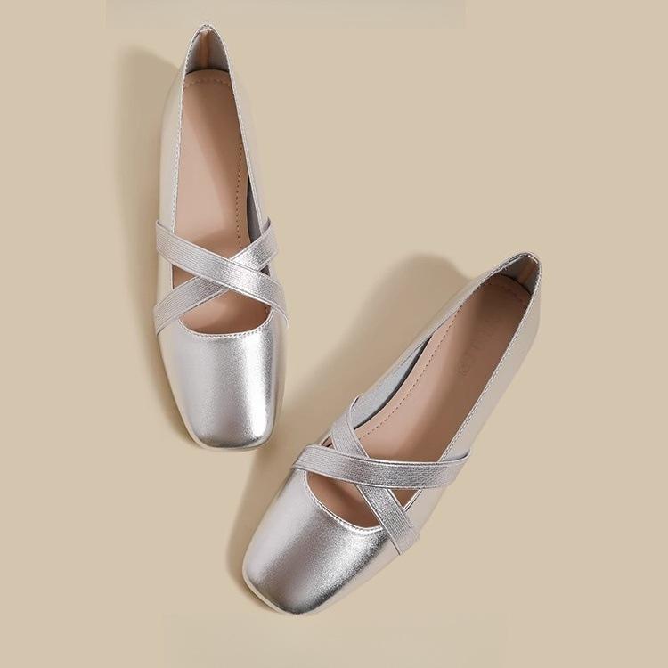 Silver Single Shoes Female 2025 Spring New French Square Head Flat Bottom Fairy Evening Wind Ballet Light Mouth Mary Jane Shoes