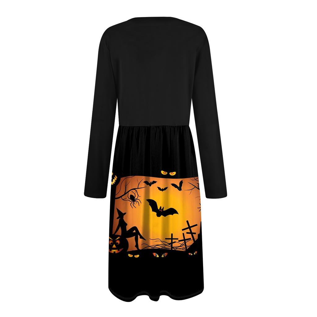 Women's Casual Fashion Sexy Comfortable Sundress Button Long Sleeves With Pockets Halloween Printed Dress