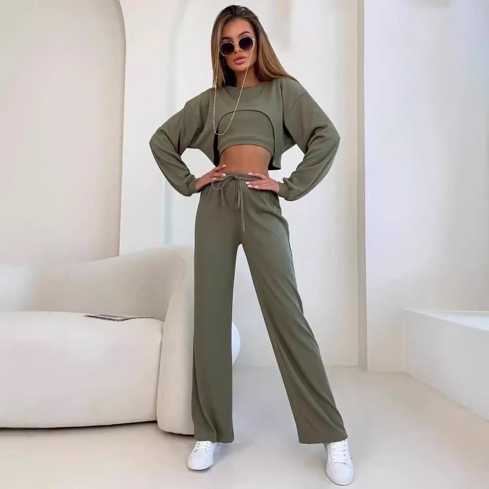 2023 Europäisch-Amerikanische Mode Rundhals Langarm Crop Top und Lange Hose Dreiteiliges Set