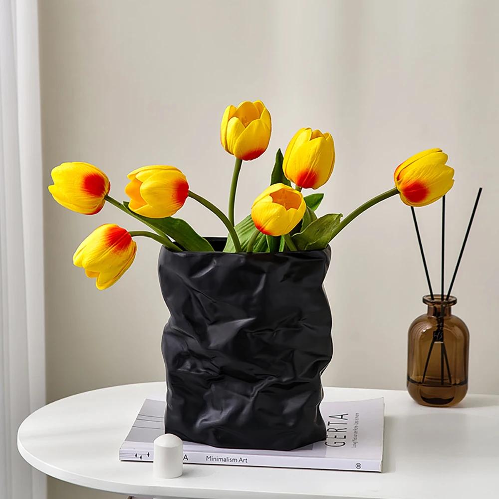 Nordic Pleated Ceramic Vase Home Decor Luxury Living Room Decoration Flower Pots Cachepot for Flowers Modern Decorative Vases