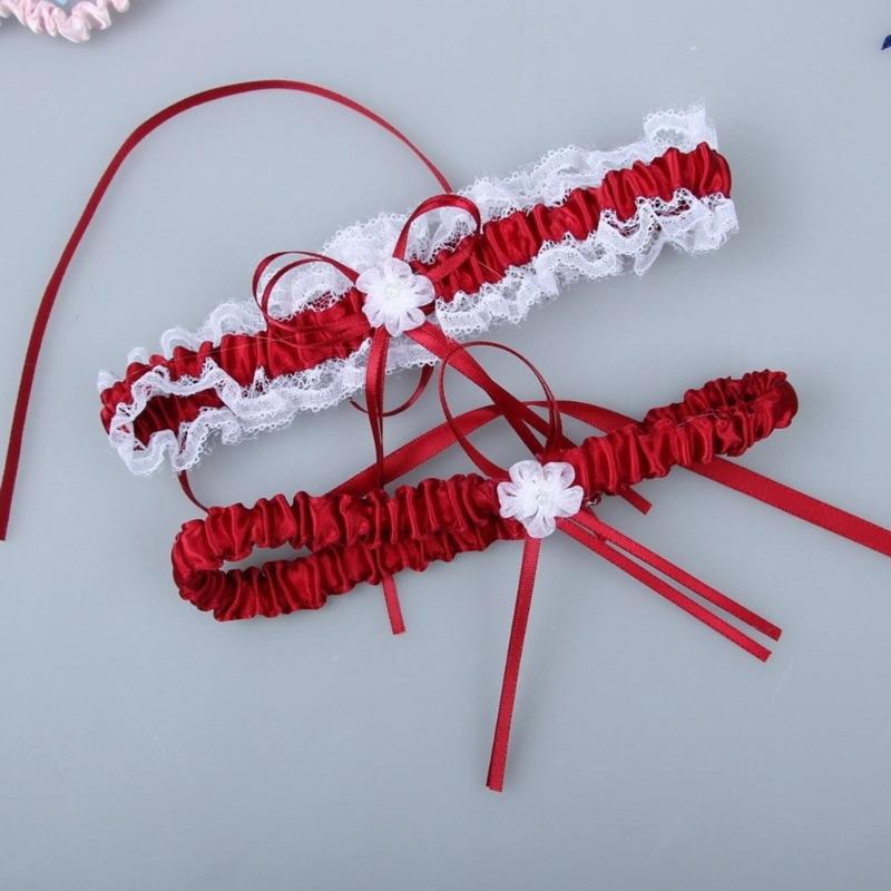 2 Stück Elegantes Spitze Braut-Strumpfband-Set mit Perlen, Blume und Schleifen für Hochzeiten, Verlobungsfeiern und Junggesellinnenabschiede
