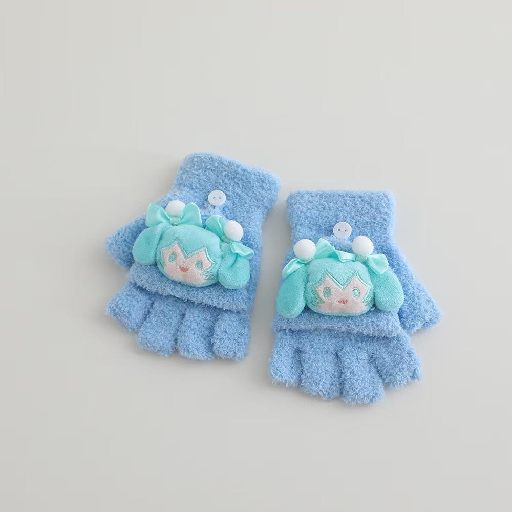 Warme Flip-Handschuhe für Kinder, süße Cartoon-Puppe, süßer Halbfinger, Korallensamt, Halbfinger für Jungen und Mädchen, Herbst- und Winterferien
