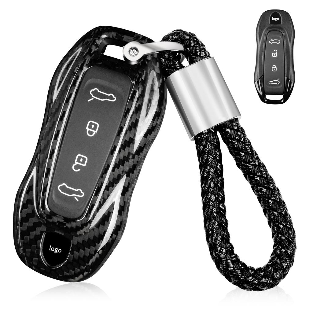ADY4 Real Carbon Fiber Key Fob Cover with Keychain Fits Porsche Macan 4 EV Electric Model 2024 2025 Taycan 2022 Key Shell Accessories