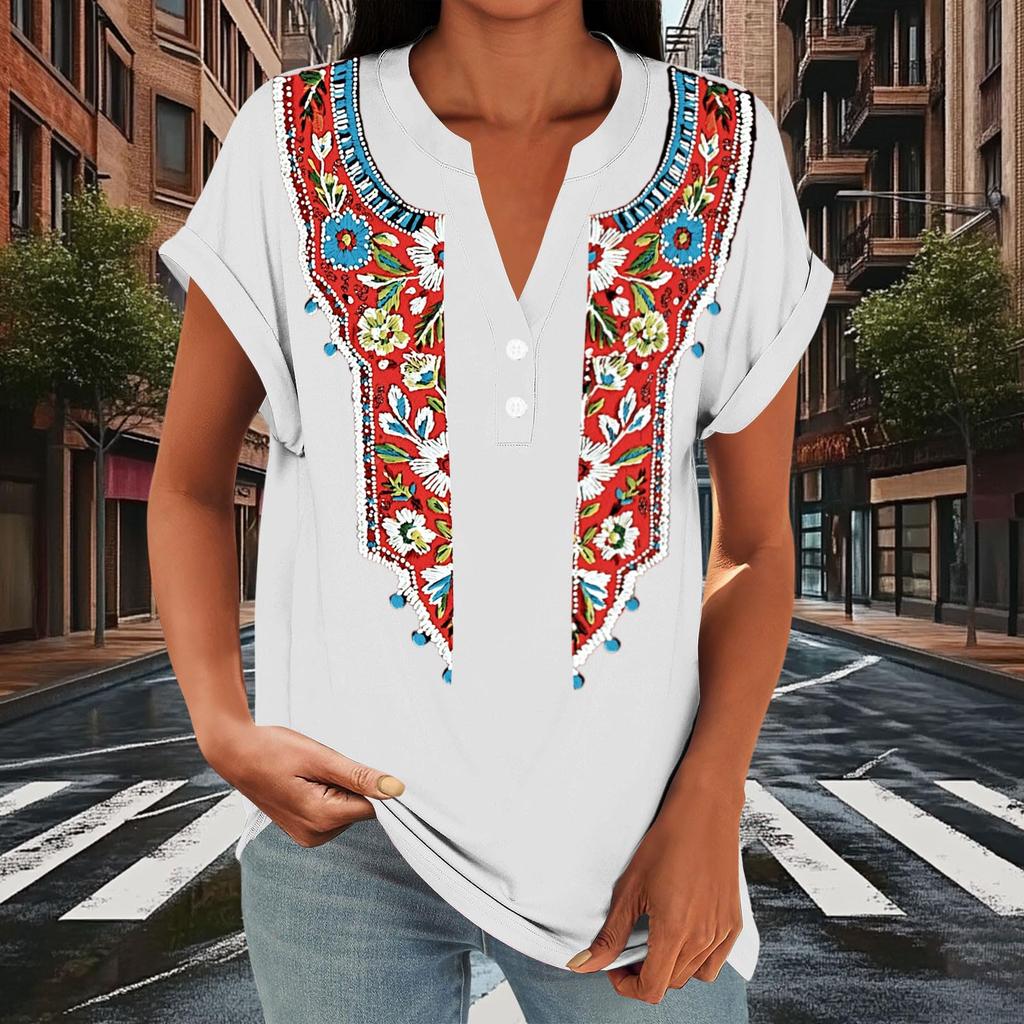 Damen Freizeit Locker Sitzend Kurzarm Knopf V-Ausschnitt Blumenmuster Bluse Top Leicht Atmungsaktiv Sommerhemd