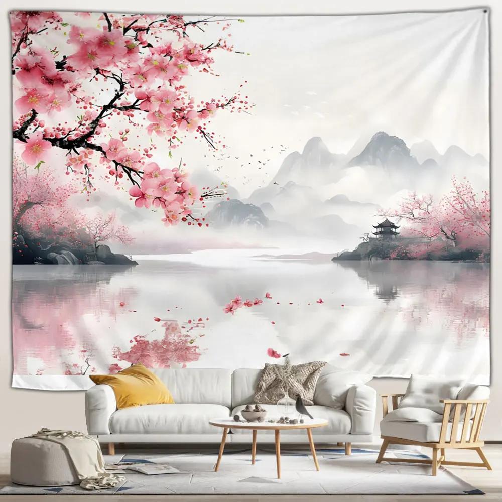 Japanese Scenery Tapestry Pink Cherry Blossom Flowers Misty Landscape Chinese Architecture Living Room Bedroom Decor Wall Hangin