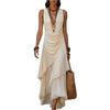 Maxi Abito da Donna Senza Maniche Scollo a V in Chiffon con Fondo Arricciato per Vacanza al Mare