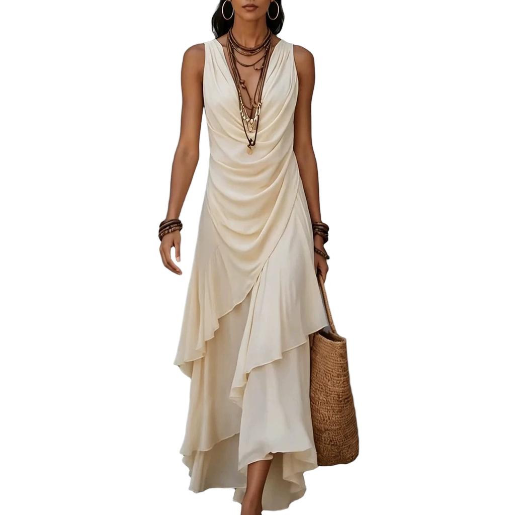 Maxi Abito da Donna Senza Maniche Scollo a V in Chiffon con Fondo Arricciato per Vacanza al Mare