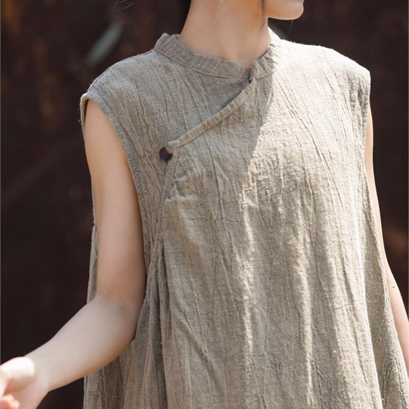 Johnature Women Vintage Dresses Stand Sleeveless Robes Summer Tie-dye Chinese Style A-line Dress