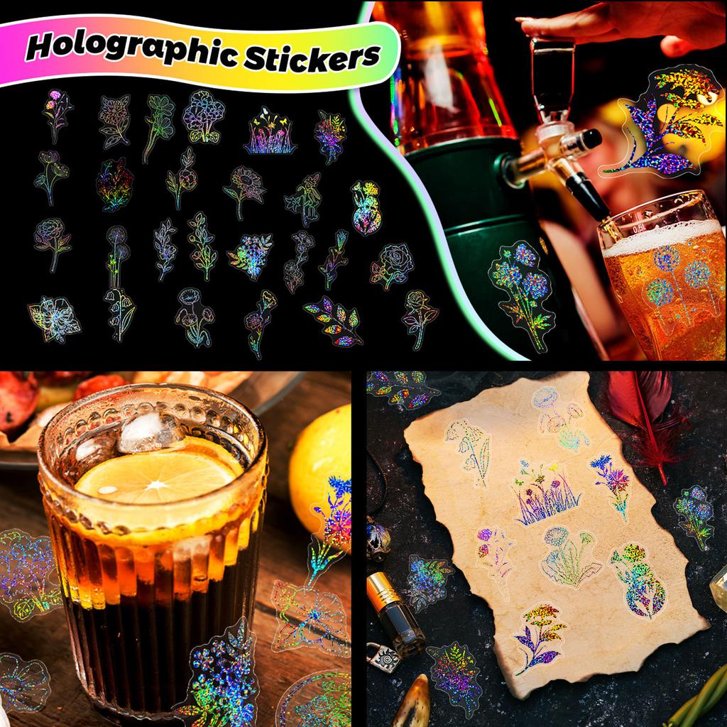 100 Transparent Laser Decals Blooming Stickers PET Creative Retro Laser Tent Holographic Stickers