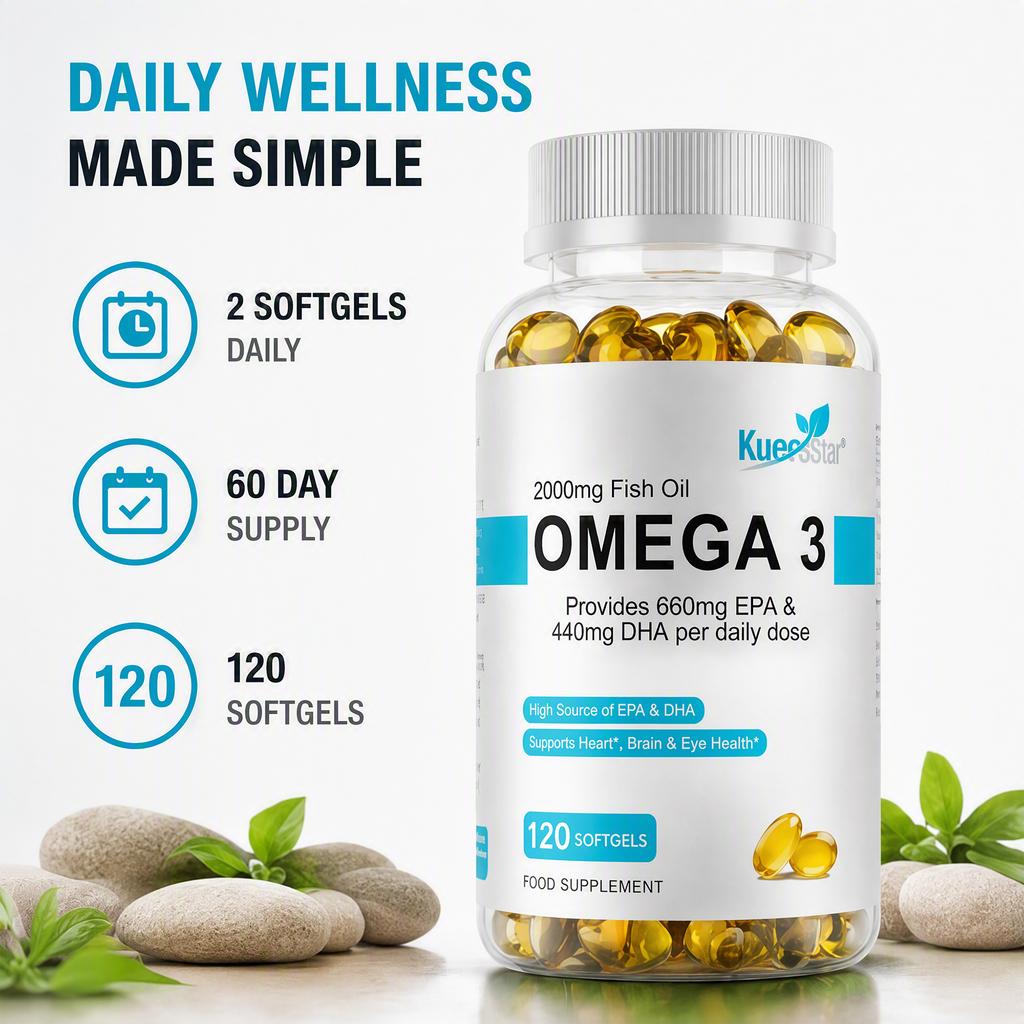 Omega 3 Fish Oil Softgels 120 Count 2000mg — Heart Health Support, Brain Function, Eye Health