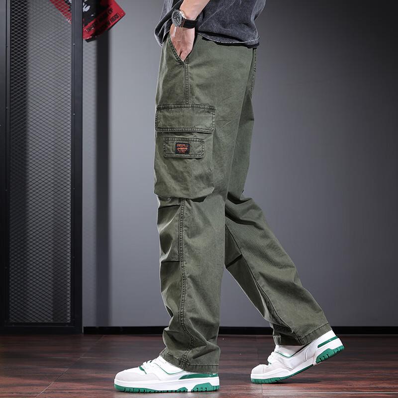 Jie Leinuo Men's Casual Multi-Pocket Loose Straight Leg Cargo Pants