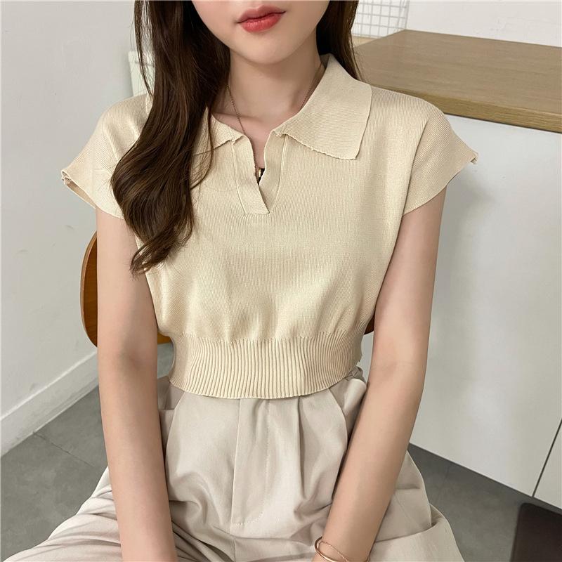 

Simple slim-fitting short-sleeved POLO shirt short knitted sweater lapel T-shirt top women s new summer Korean version tide One size fits all абрикосовий