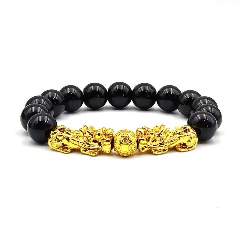 Vietnamese Pixiu Gold & Imitation Obsidian Bracelet - Men's Wealth Attracting Ancient Style with Glass Beads.