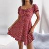 Women Floral Swing Dress Casual Flared Sleeve Lace Up Drawstring Spring Summer Sizes S XXL