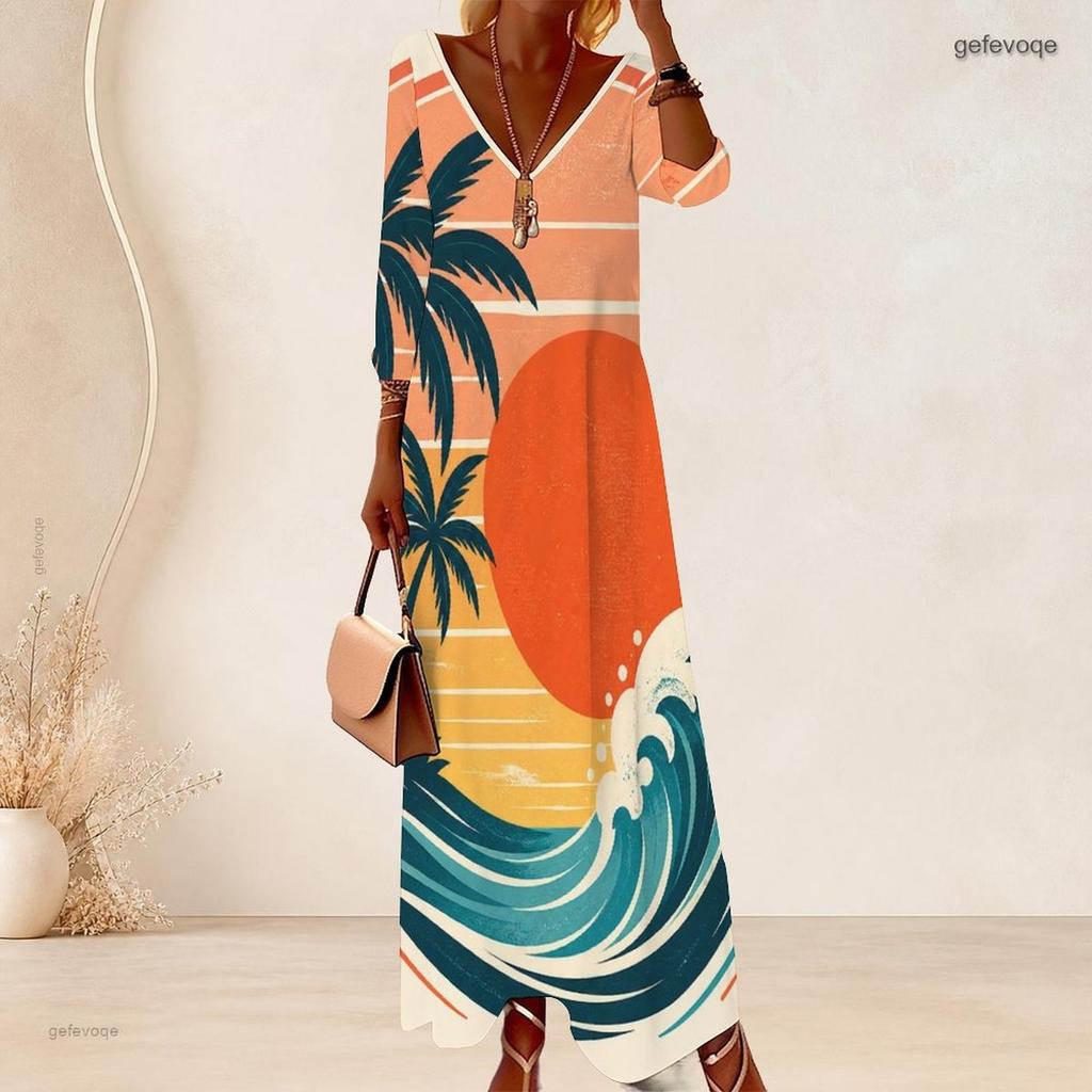Women Plus Size V Neck Three Quarter Sleeve Palm Print Gradient Long Dress