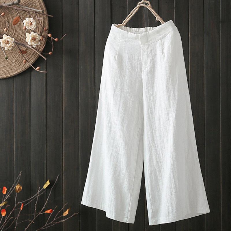Women s Linen Blend Wide Leg Cropped Pants Elastic Waist Casual Trousers S белый