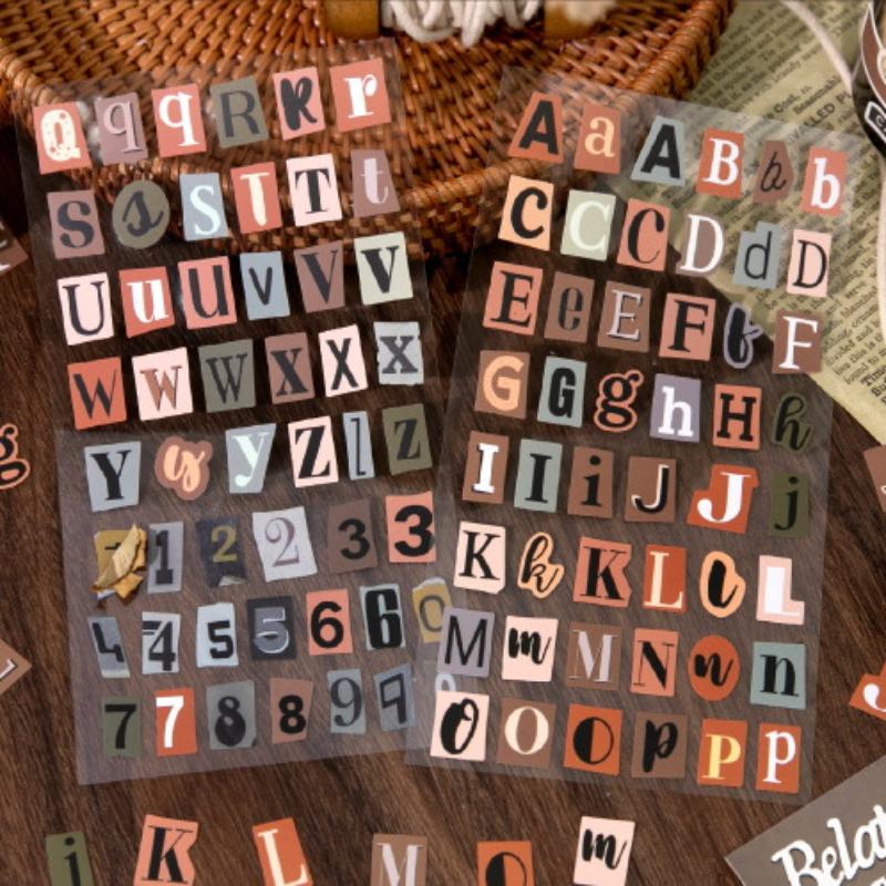 2 Sheets Vintage Scrapbook Aesthetic Journaling Supplies Kit English Alphabet Number Symbol Stickers Retro Letter Decals