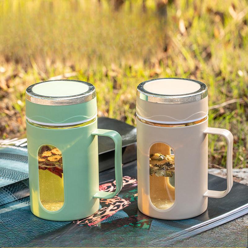 Glass Water Cup with Handle Tea-water Separation Plastic Shell Water Cup