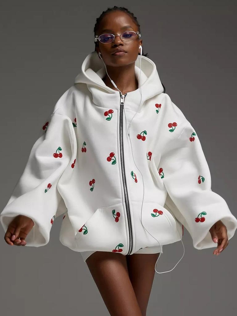 Cherry Blossom Printed Hoodie Sweatshirt Casual Autumn Women Street Style Fashion Brand Loose Versatile Sports Pullover with Hood