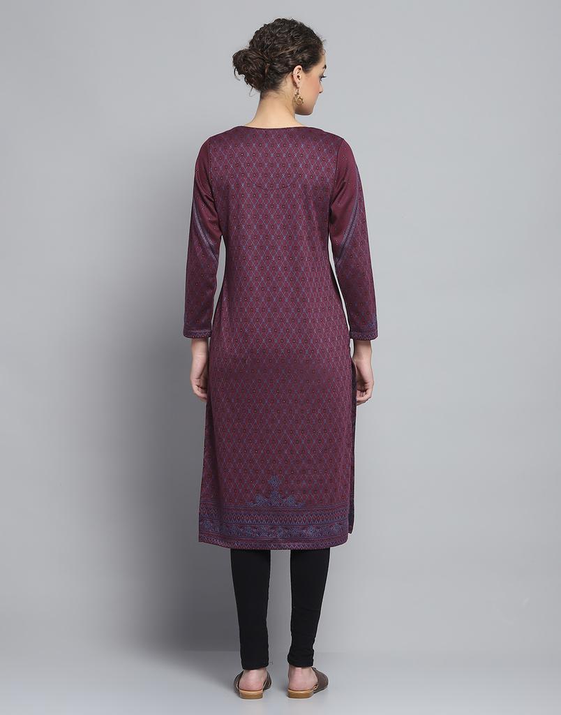 MONTE CARLO Womens Self Design Wine Round Neck Full Sleeve Kurti