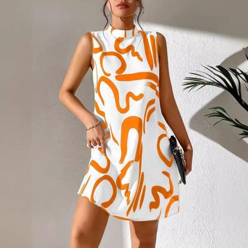 Fashion Printed Round Neck Women's Casual Dress Plus Size Summer Sleeveless Short Dress Woman Vintage Elegant Loose A Line Dresses Lady 24404