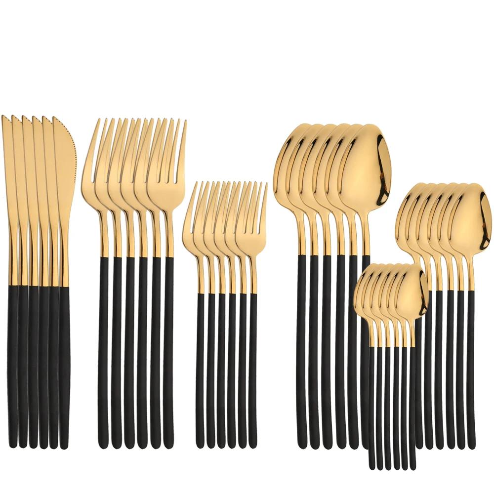 36Pcs Gold Cutlery Set Knife Fork Spoon Dinnerware Set Stainless Steel Tableware Western Flatware Mirror Kitchen Silverware Set