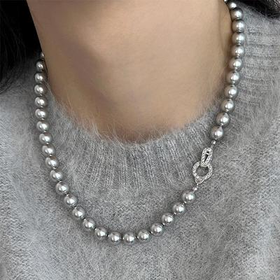 Hellgraue Perlenkette für Damen – Hochwertige echte Hanfperlen, rundes Design, vielseitige Schlüsselbein- und Pulloverkette